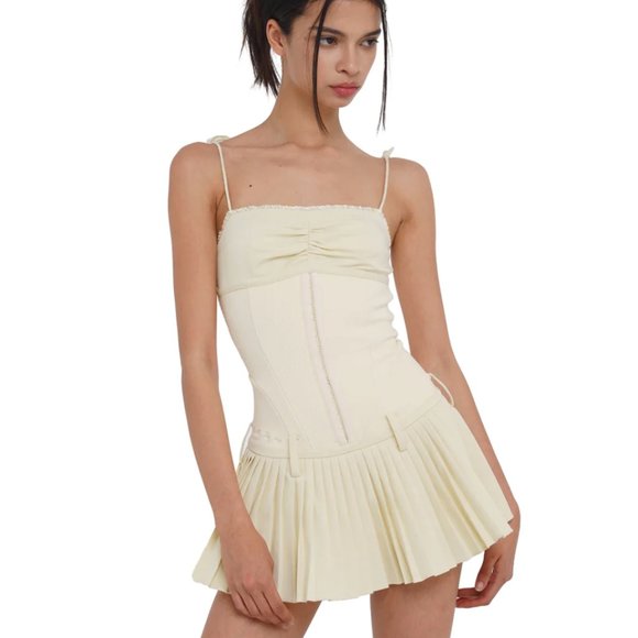 BNWT Sweet Chilling Drop-Waist Pleated Mini Dress in Cream - Picture 2 of 5